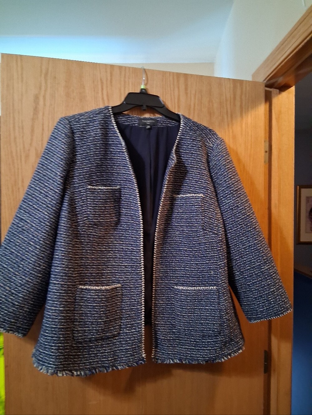 Talbots  tweed blazer Jacket with fringes , navy and white multi-tonal weave 18W